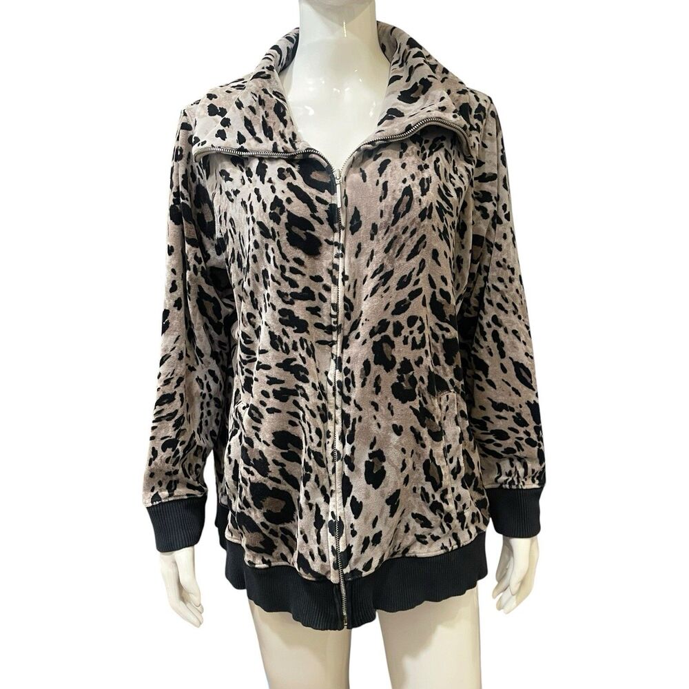 JNY Sport Hooded Jacket Women's Leopard Print Velour Full Zip Jones New York